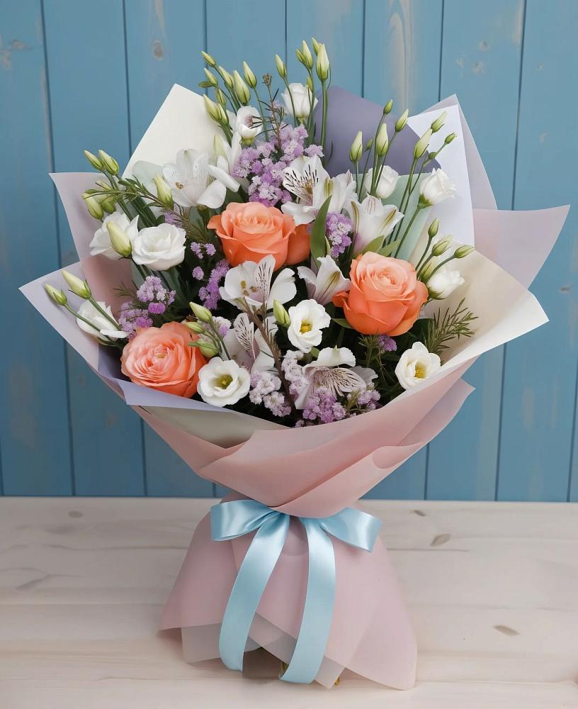 Букет цветов из: Лизиантусы, Розы, Альстромерии и Гипсофила в Коноше